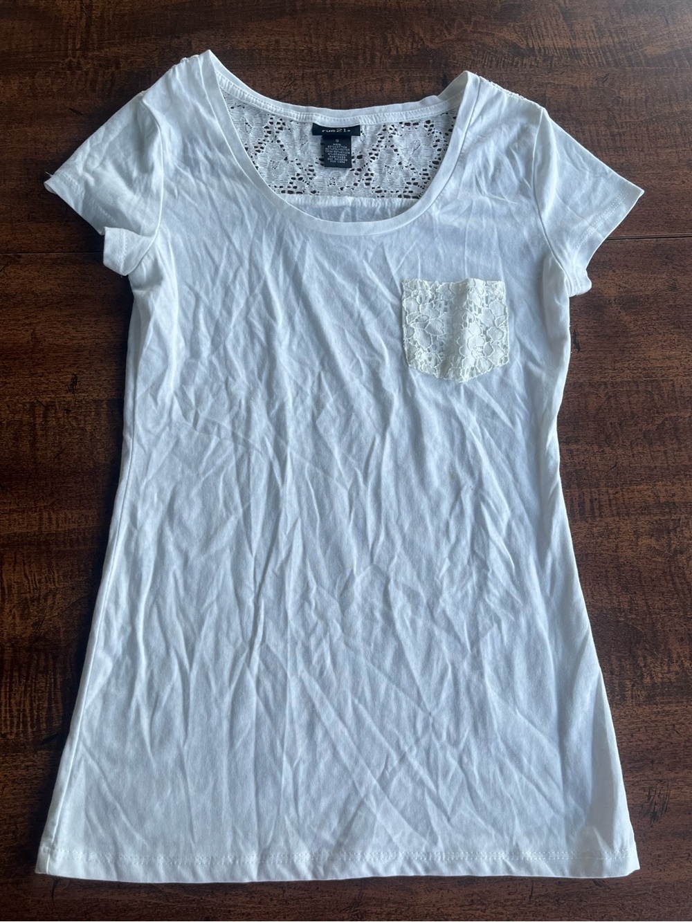 Rue 21 White Eyelet Lace Pocket Short Sleeve Tee Shirt Top S Coquette Feminine